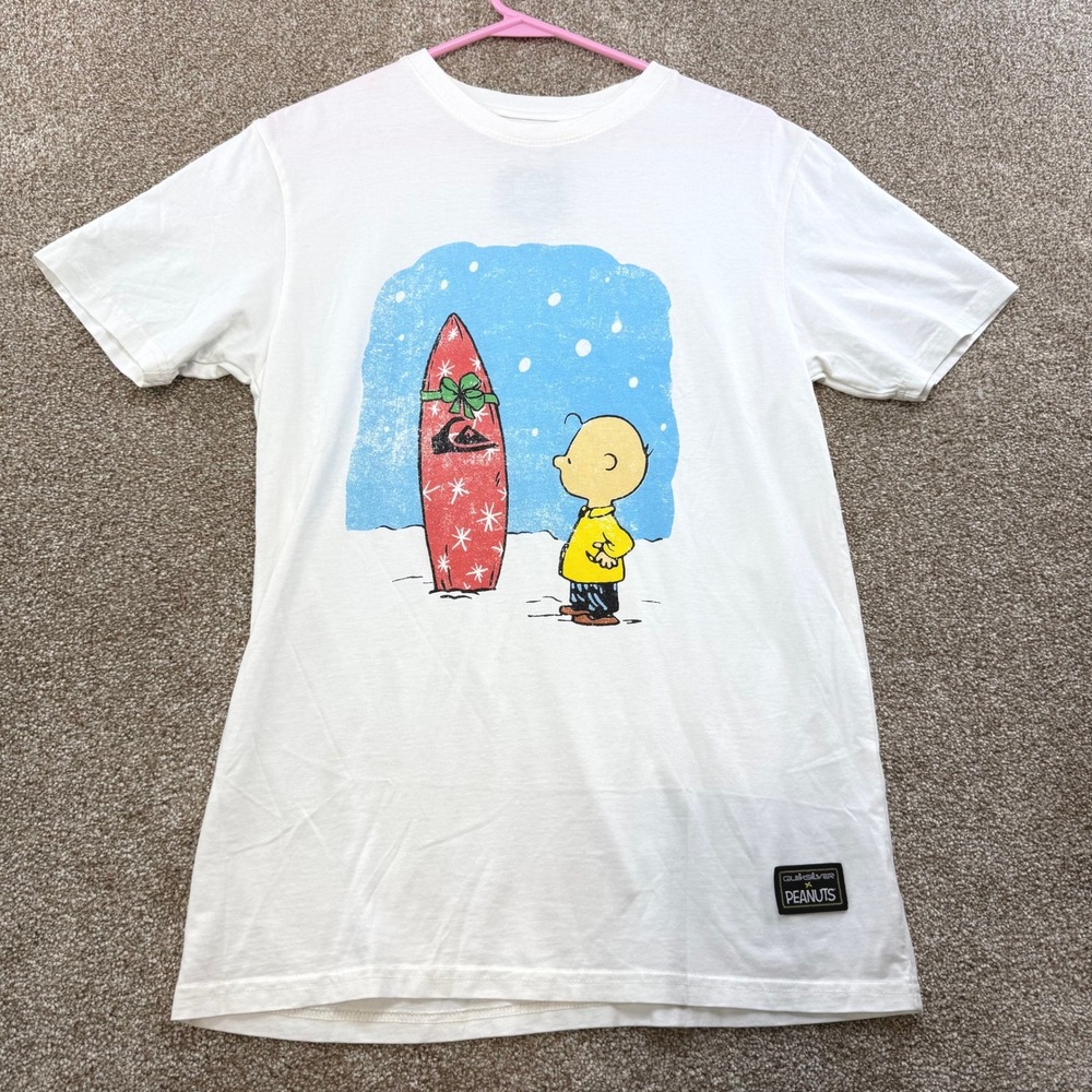 Quiksilver x Peanuts Charlie Brown Surfboard T-Shirt White Mens Small NEW Skater